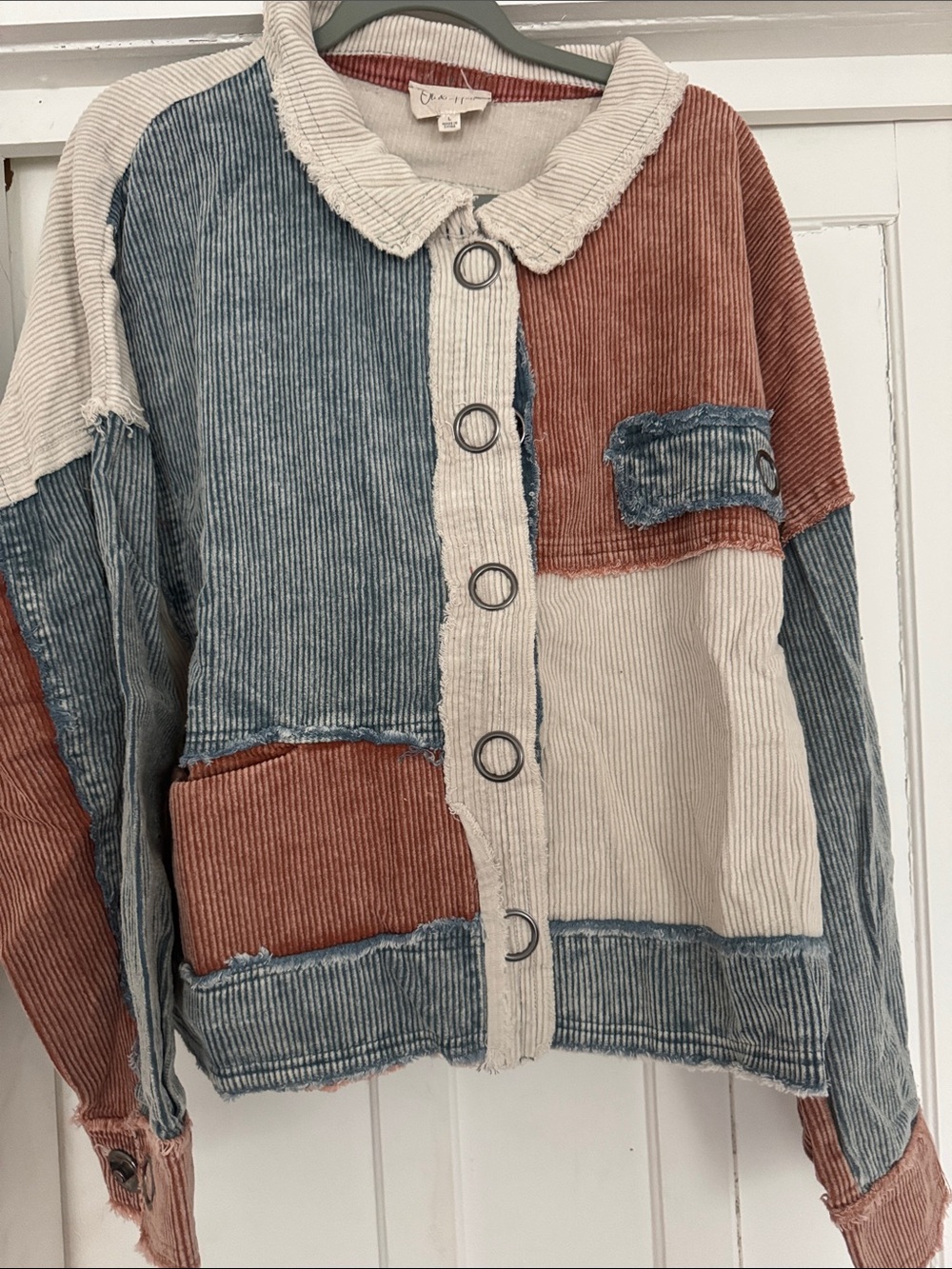 Oli & Hali Patchwork Corduroy Jean Jacket in Blue, Rust, and Cream